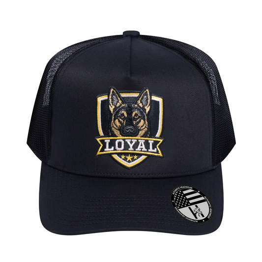 The Loyal 5-Panel Trucker Hat - Black front and Black mesh back - front view