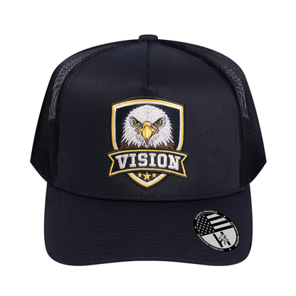 The Vision 5-Panel Trucker Hat - Black front and Black mesh back - front view