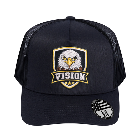 The Vision 5-Panel Trucker Hat - Black front and Black mesh back - front view