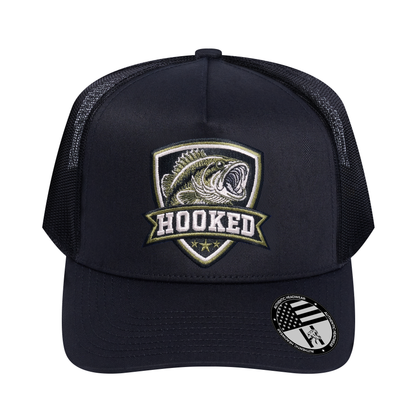 The Hooked Fishing 5-Panel Trucker Hat - Black front and Black mesh back - front view