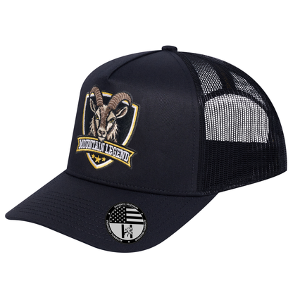 The Mountain Legend Goat 5-Panel Trucker Hat - Black front and Black mesh back - angled view