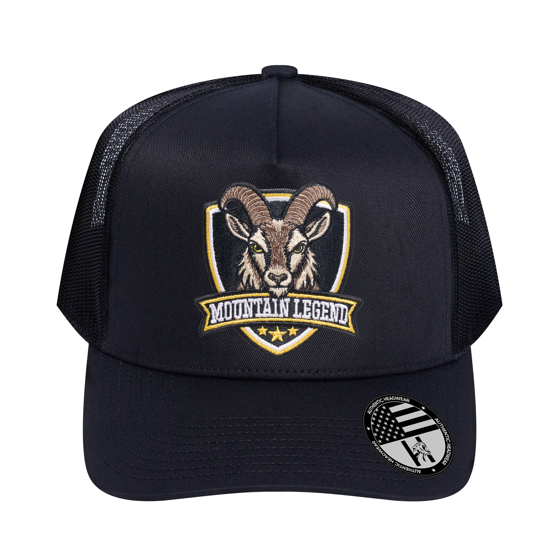 The Mountain Legend Goat 5-Panel Trucker Hat - Black front and Black mesh back - front view