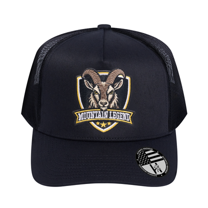 The Mountain Legend Goat 5-Panel Trucker Hat - Black front and Black mesh back - front view