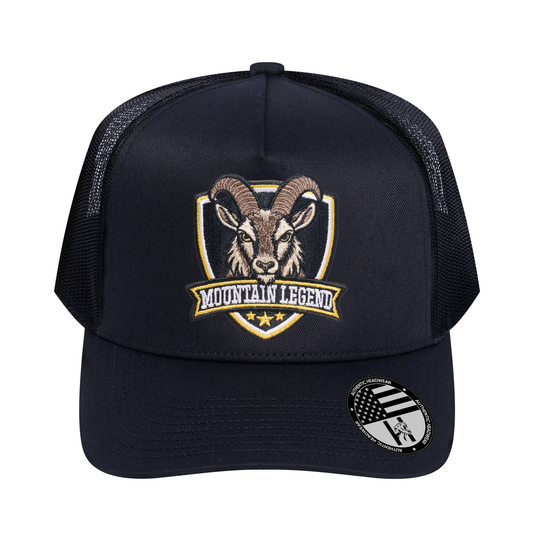 The Mountain Legend Goat 5-Panel Trucker Hat - Black front and Black mesh back - front view
