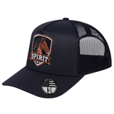 The Spirit 5-Panel Trucker Hat - Black front and Black mesh back - angled view