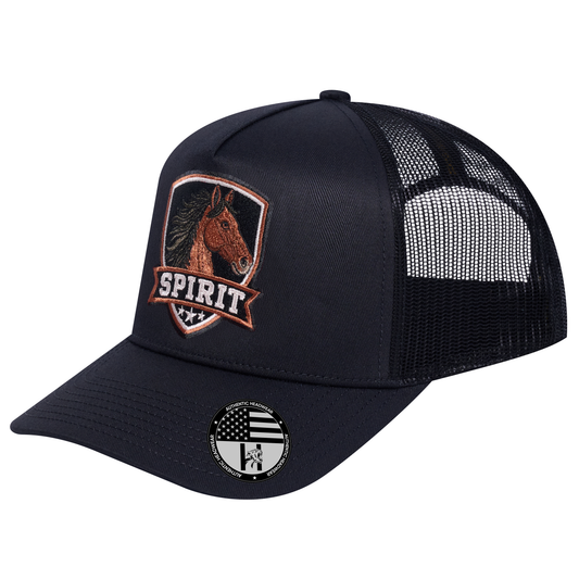 The Spirit 5-Panel Trucker Hat - Black front and Black mesh back - angled view