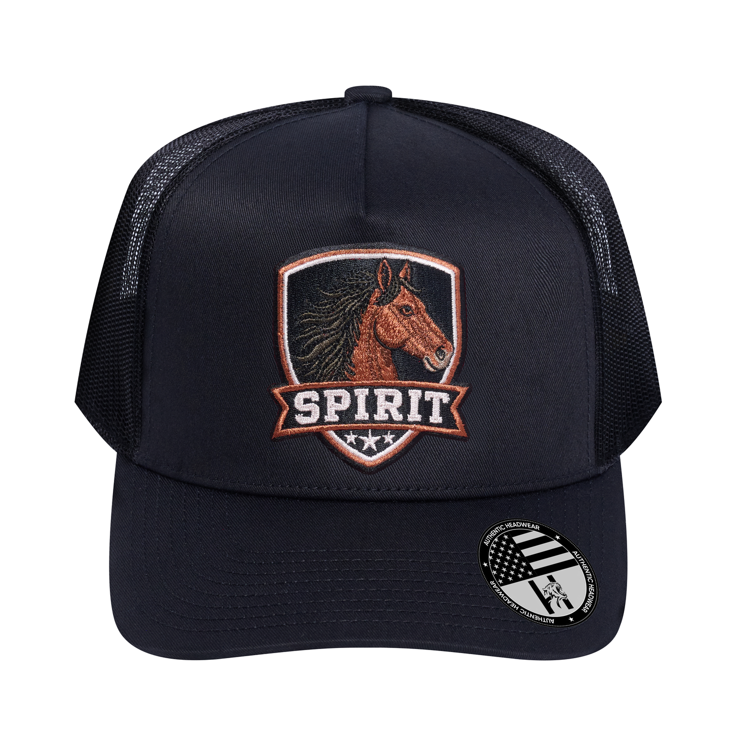 The Spirit 5-Panel Trucker Hat - Black front and Black mesh back - front view