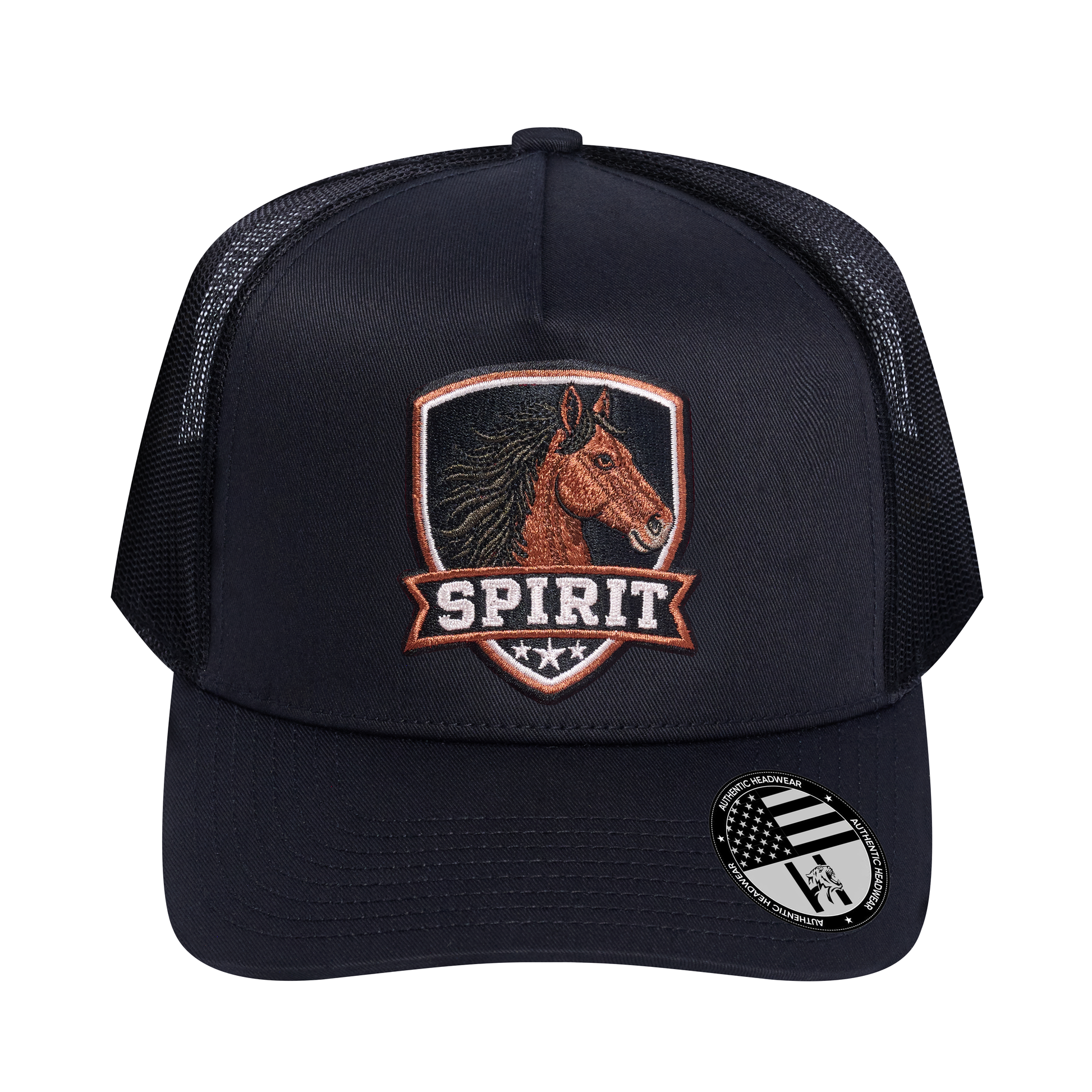 The Spirit 5-Panel Trucker Hat - Black front and Black mesh back - front view