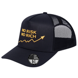No Risk No Rich 5-Panel Trucker Hat - Black front and Black mesh back - angled view