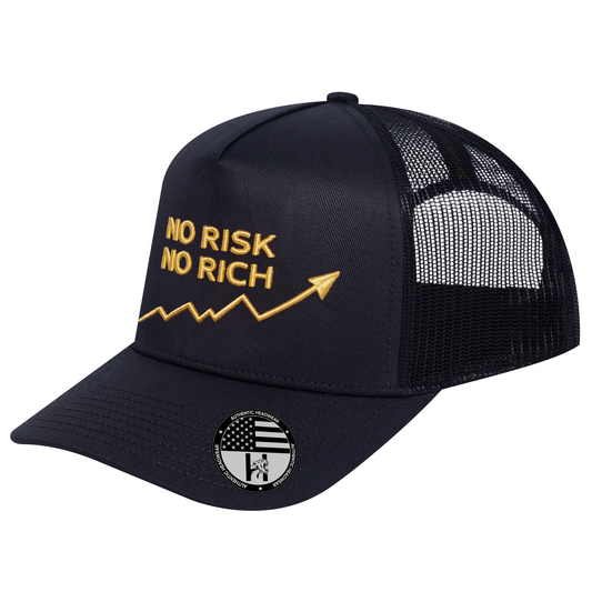 No Risk No Rich 5-Panel Trucker Hat - Black front and Black mesh back - angled view