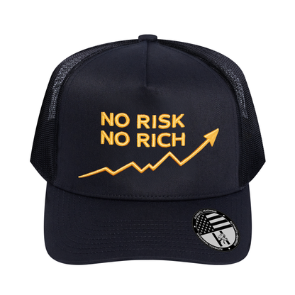 No Risk No Rich 5-Panel Trucker Hat - Black front and Black mesh back - front view
