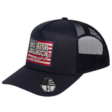 No Risk No Rich US Flag 5-Panel Trucker Hat - Black front and Black mesh back - angled view