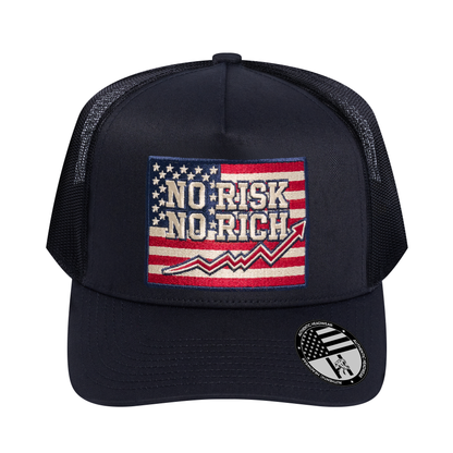 No Risk No Rich US Flag 5-Panel Trucker Hat - Black front and Black mesh back - front view