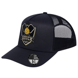 The Quick Pickleball 5-Panel Trucker Hat - Black front and Black mesh back - angled view
