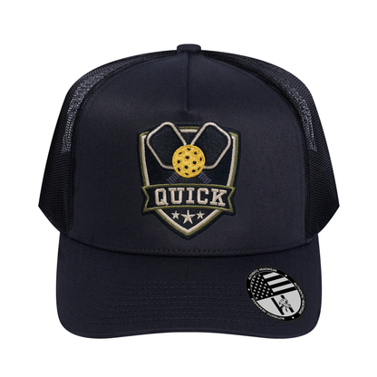 The Quick Pickleball 5-Panel Trucker Hat - Black front and Black mesh back - front view