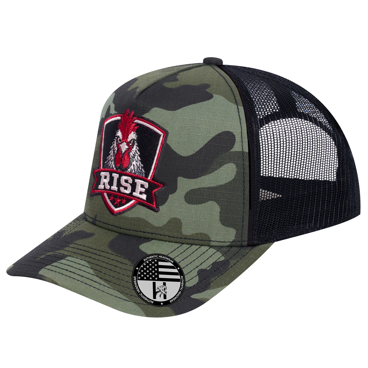 The Rise Rooster 5-Panel Trucker Hat - Green Camo front and Black mesh back - angled view