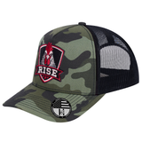The Rise Rooster 5-Panel Trucker Hat - Green Camo front and Black mesh back - angled view