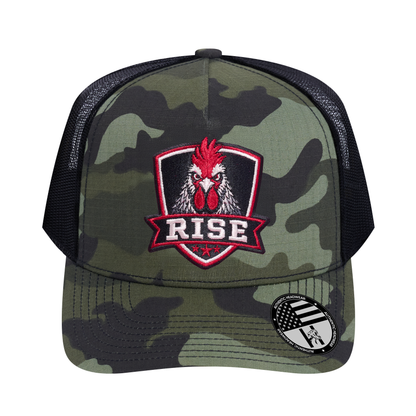 The Rise Rooster 5-Panel Trucker Hat - Green Camo front and Black mesh back - front view