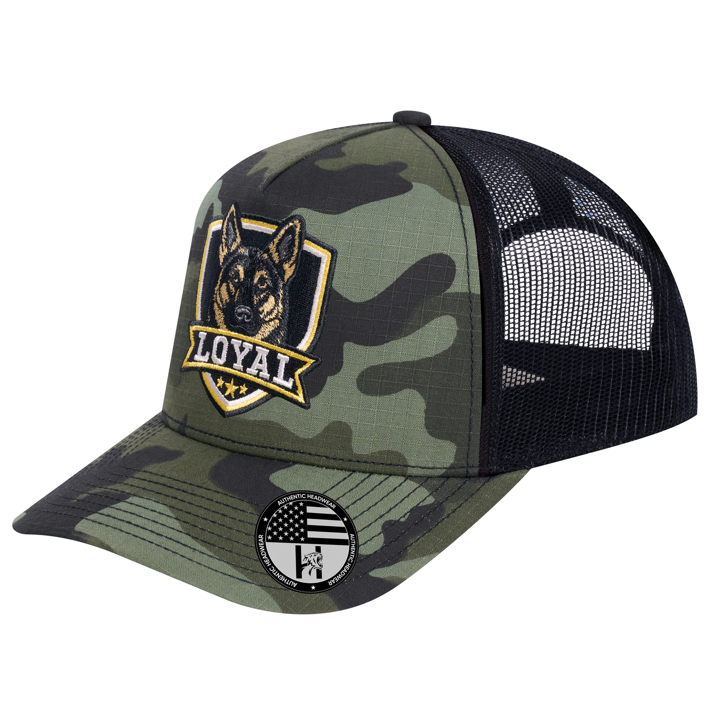 The Loyal 5-Panel Trucker Hat - Green Camo front and Black mesh back - angled view