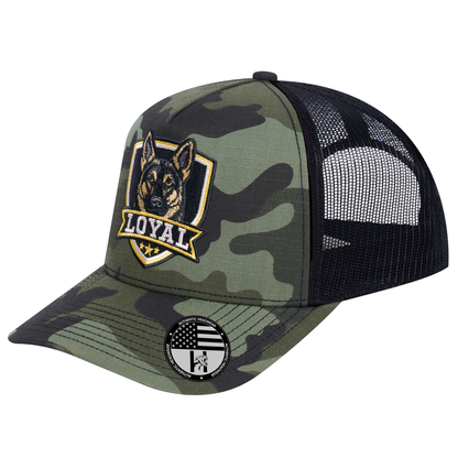 The Loyal 5-Panel Trucker Hat - Green Camo front and Black mesh back - angled view