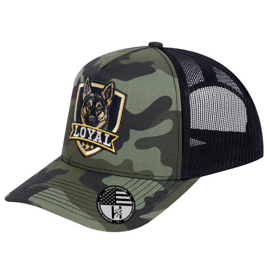 The Loyal 5-Panel Trucker Hat - Green Camo front and Black mesh back - angled view