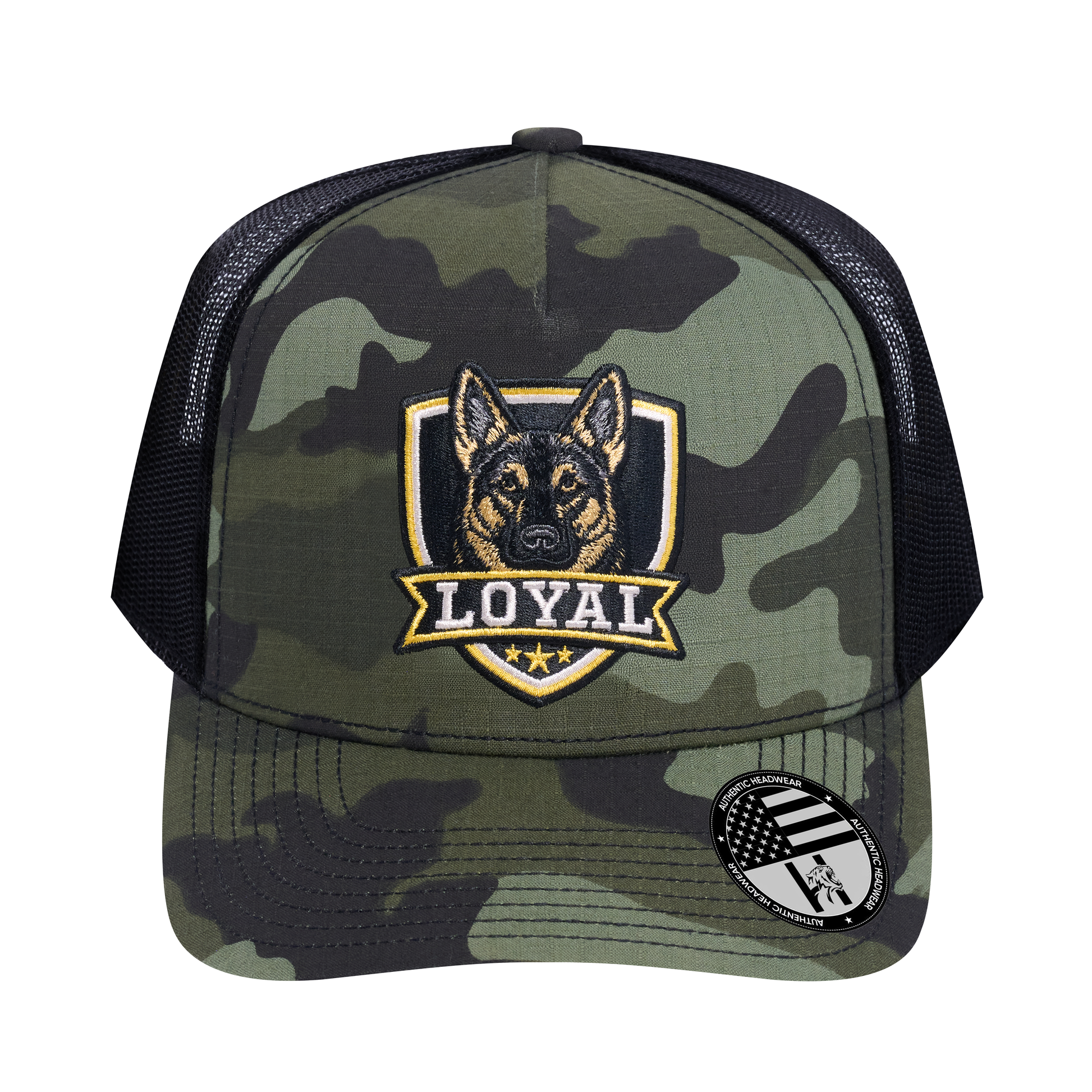 The Loyal 5-Panel Trucker Hat - Green Camo front and Black mesh back - front view
