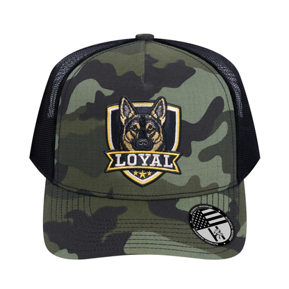 The Loyal 5-Panel Trucker Hat - Green Camo front and Black mesh back - front view