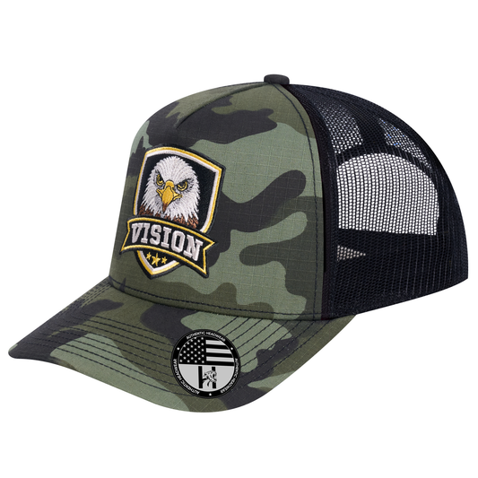 The Vision 5-Panel Trucker Hat - Green Camo front and Black mesh back - angled view