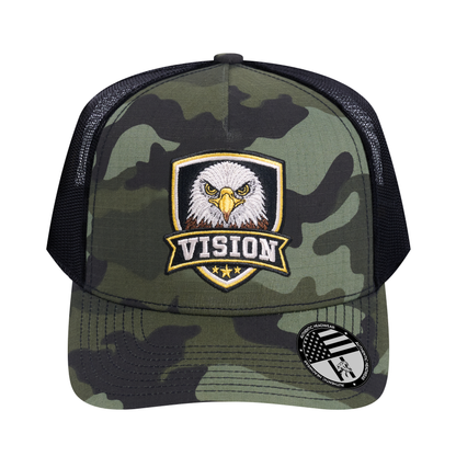 The Vision 5-Panel Trucker Hat - Green Camo front and Black mesh back - front view
