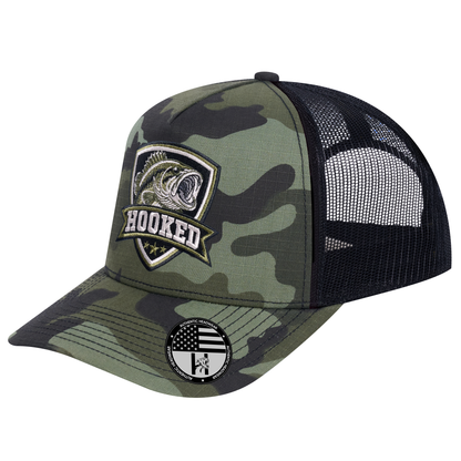 The Hooked Fishing 5-Panel Trucker Hat - Green Camo front and Black mesh back - angled view