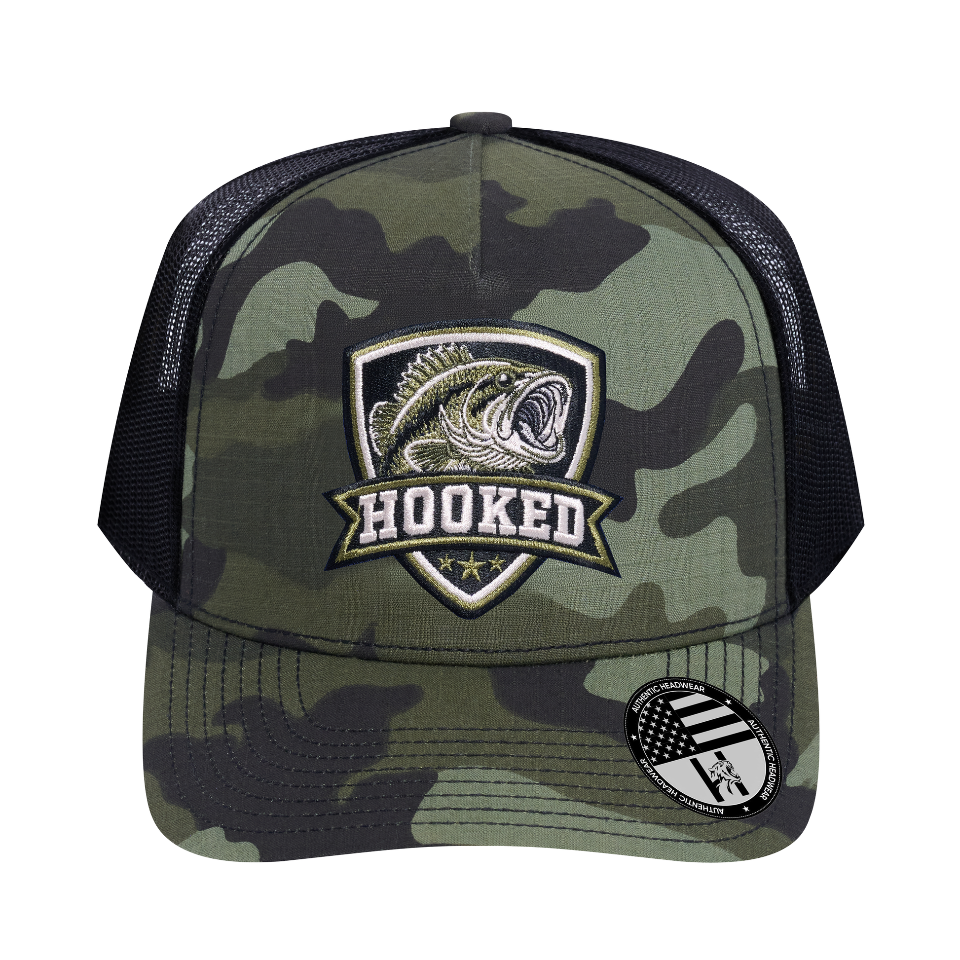 The Hooked Fishing 5-Panel Trucker Hat - Green Camo front and Black mesh back - front view