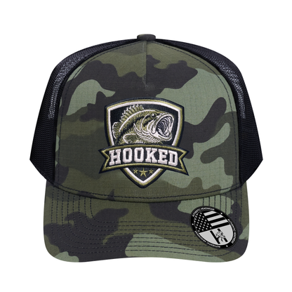 The Hooked Fishing 5-Panel Trucker Hat - Green Camo front and Black mesh back - front view
