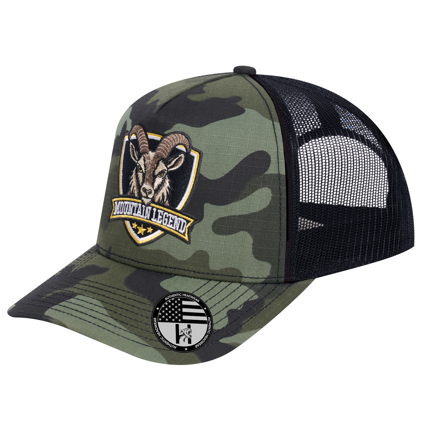 The Mountain Legend Goat 5-Panel Trucker Hat - Green Camo front and Black mesh back - angled view