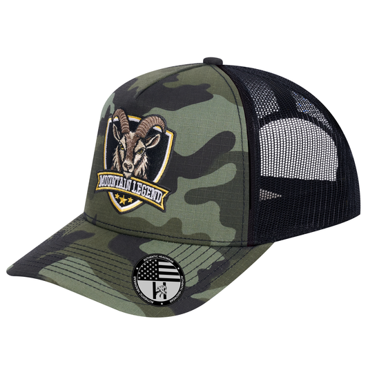The Mountain Legend Goat 5-Panel Trucker Hat - Green Camo front and Black mesh back - angled view
