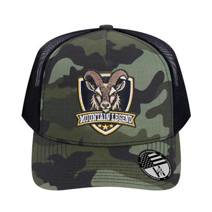 The Mountain Legend Goat 5-Panel Trucker Hat - Green Camo front and Black mesh back - front view