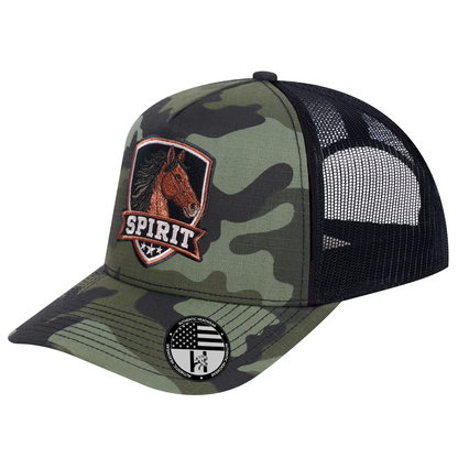 The Spirit 5-Panel Trucker Hat - Green Camo front and Black mesh back - angled view