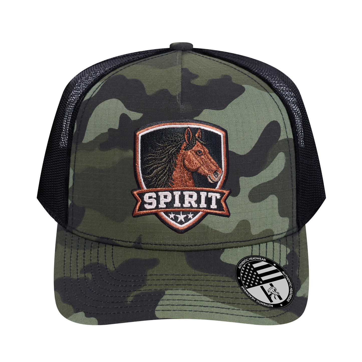 The Spirit 5-Panel Trucker Hat - Green Camo front and Black mesh back - front view
