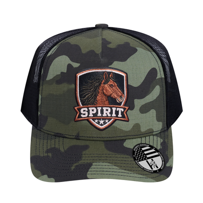 The Spirit 5-Panel Trucker Hat - Green Camo front and Black mesh back - front view