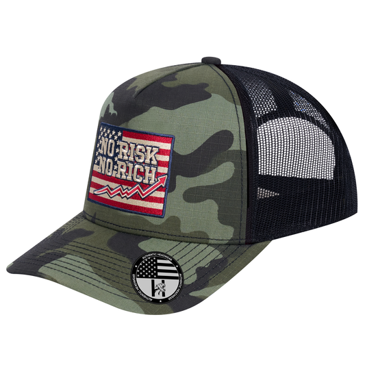 No Risk No Rich US Flag 5-Panel Trucker Hat - Green Camo front and Black mesh back - angled view