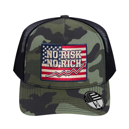 No Risk No Rich US Flag 5-Panel Trucker Hat - Green Camo front and Black mesh back - front view