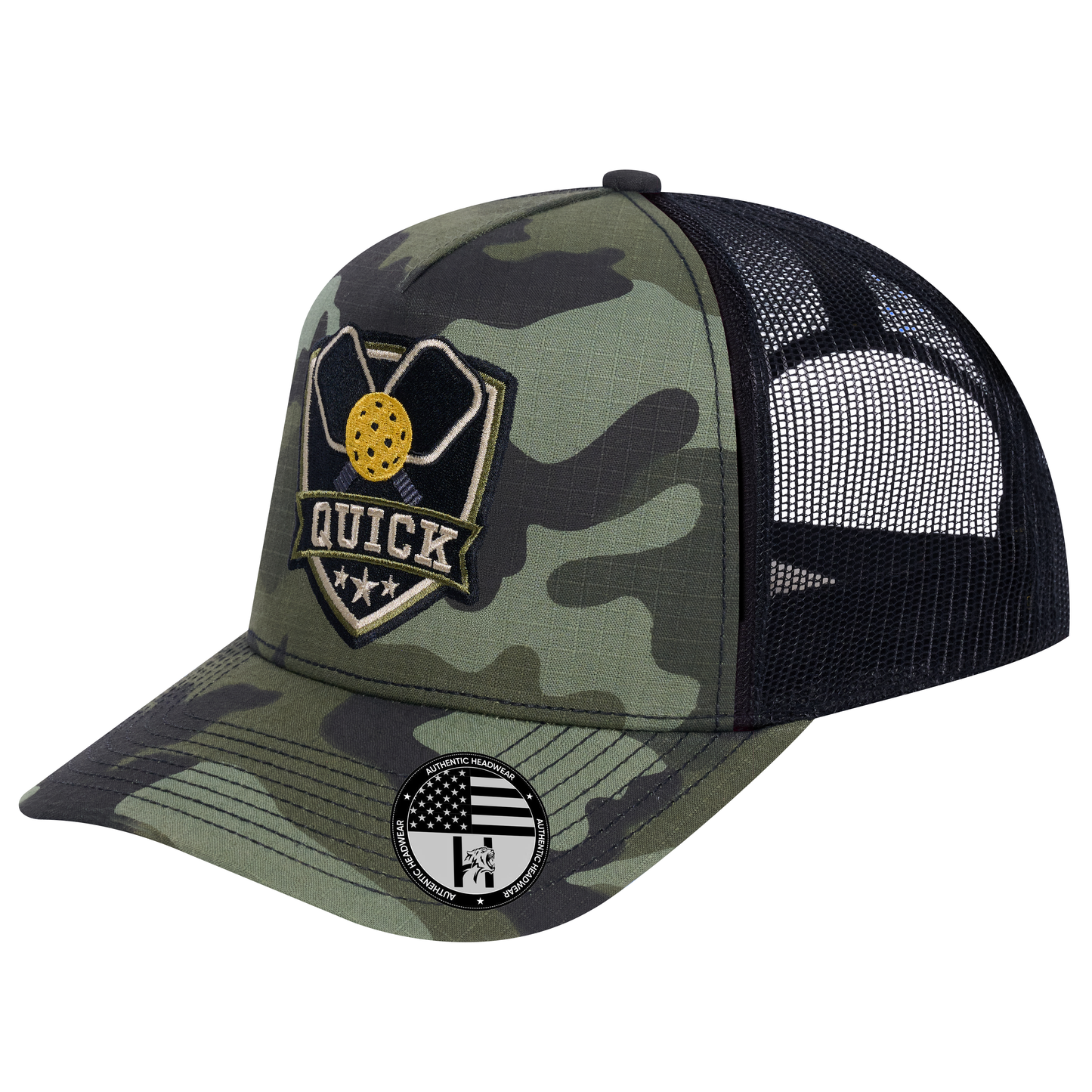 The Quick Pickleball 5-Panel Trucker Hat - Green Camo front and Black mesh back - angled view