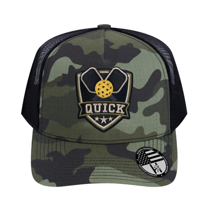 The Quick Pickleball 5-Panel Trucker Hat - Green Camo front and Black mesh back - front view