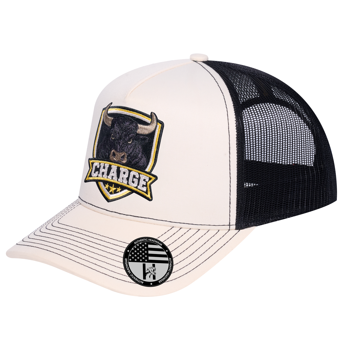 The Charge 5-Panel Trucker Hat - Ivory White front and Black mesh back - angled view