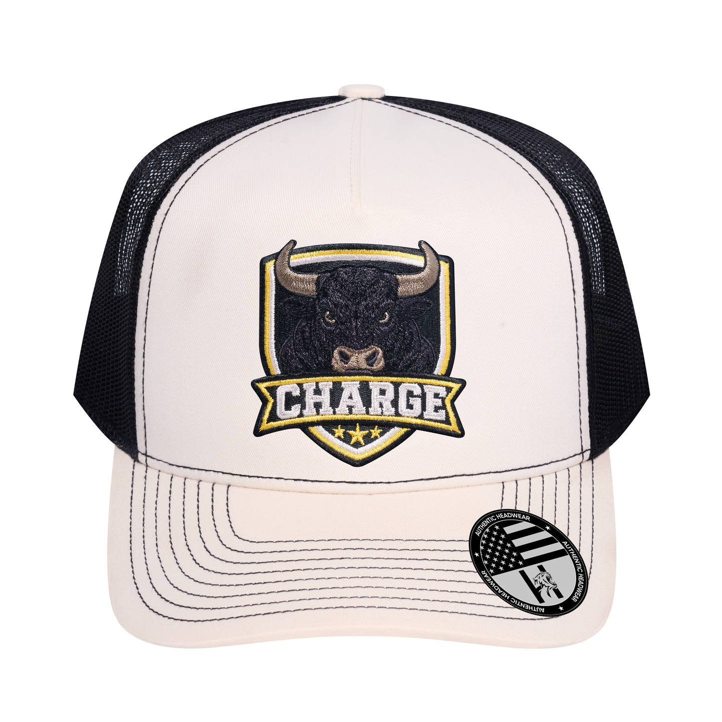 The Charge 5-Panel Trucker Hat - Ivory White front and Black mesh back - front view
