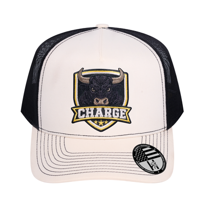 The Charge 5-Panel Trucker Hat - Ivory White front and Black mesh back - front view