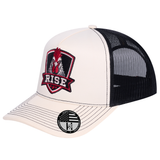 The Rise Rooster 5-Panel Trucker Hat - Ivory White front and Black mesh back - angled view