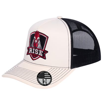 The Rise Rooster 5-Panel Trucker Hat - Ivory White front and Black mesh back - angled view