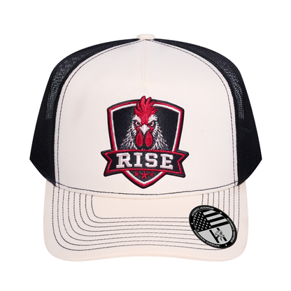 The Rise Rooster 5-Panel Trucker Hat - Ivory White front and Black mesh back - front view