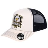 The Vision 5-Panel Trucker Hat - Ivory White front and Black mesh back - angled view