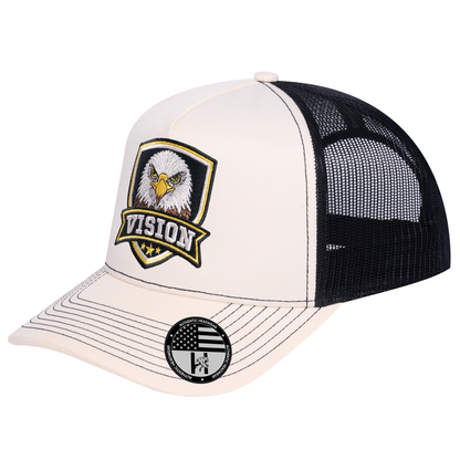 The Vision 5-Panel Trucker Hat - Ivory White front and Black mesh back - angled view